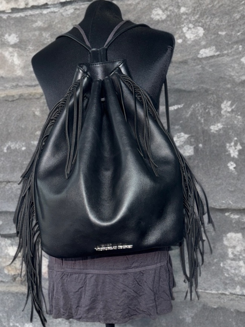 Victoria’s Secret Black Faux Leather Fringe Drawstring Backpack Boho Festival